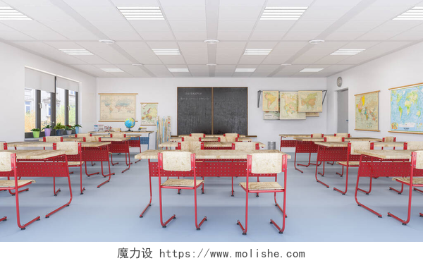 一个红色桌子为主题的教室